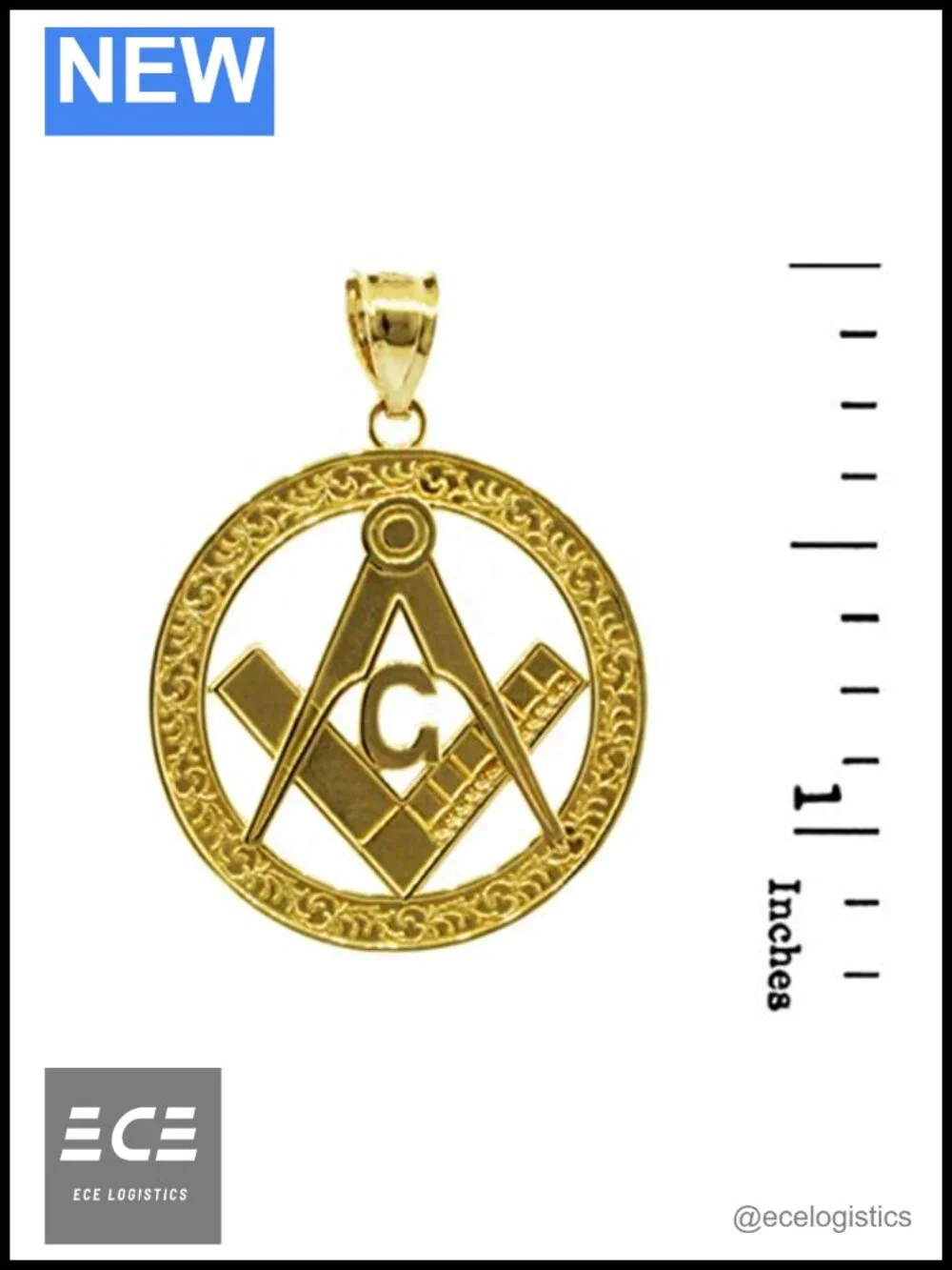 10K Yellow Gold Freemason Round Masonic Bail Pendant Charm